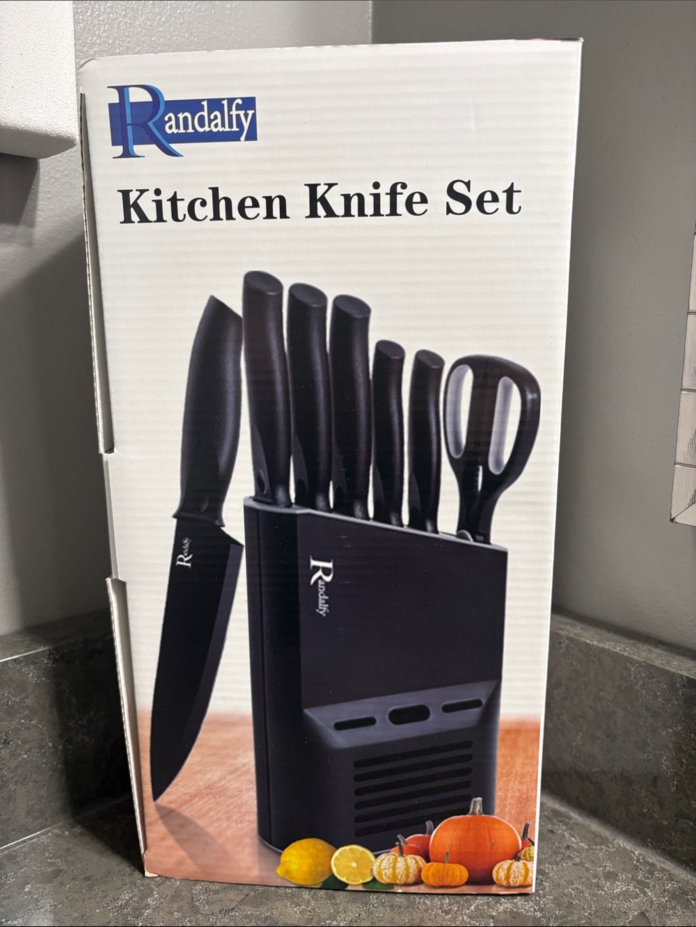 Randalfy Black Stainlees Steel Kitchen Knife Set with Block
